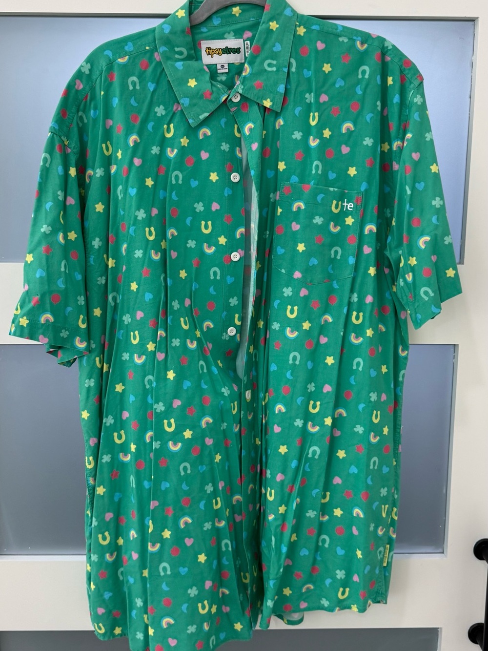 Tipsy Elves Green Short-Sleeve Button-Up with Multicolor Lucky Motifs